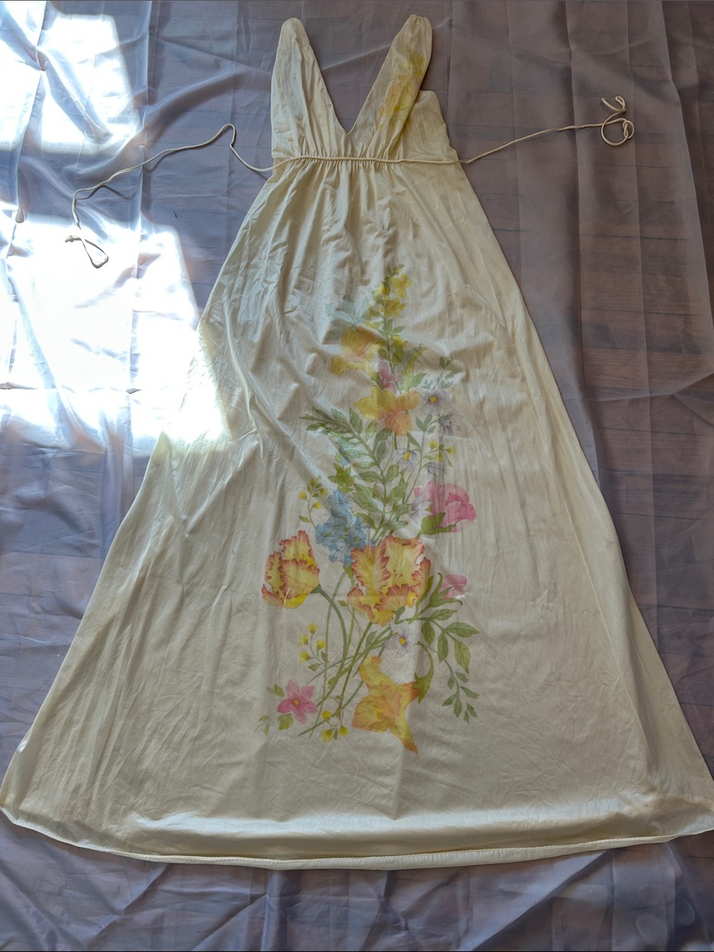 Vintage 60 kayser Cream Floral Maxi Dress with V-Neck